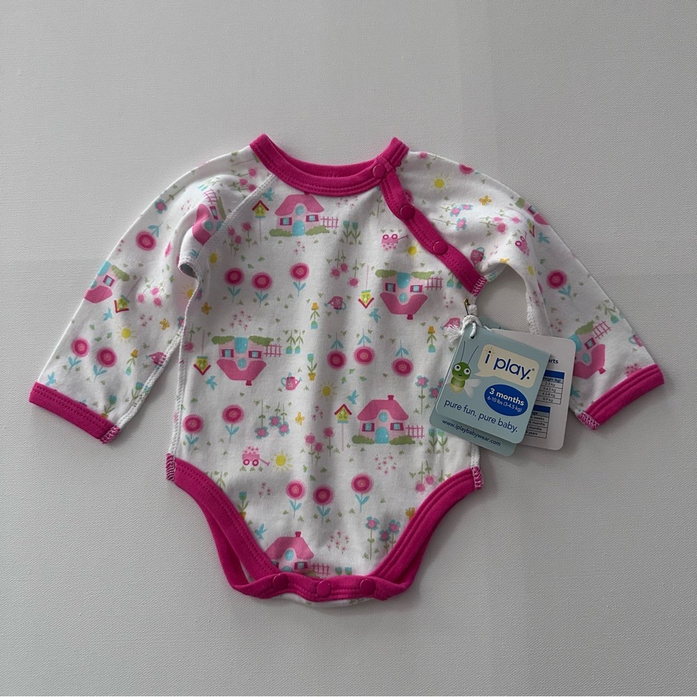 i play. 3 Months Baby Girl Pink Long Sleeve Bodysuit Organic Spring Garden Farm